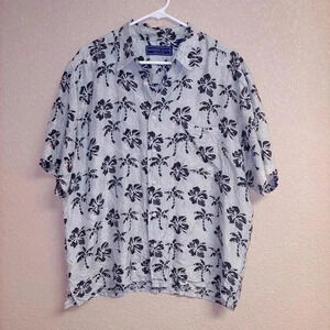 Andrew Fezza men's 100% silk green hawaiian short sleeve button up shirt Size L